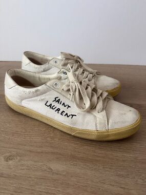 Saint Laurent Off-White Canvas Sneakers with Yellow Sole